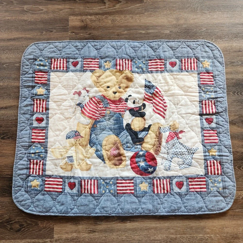 Vintage Americana Quilted Baby Blanket Teddy Bear Blue Jean Patriotic Flag 39x33